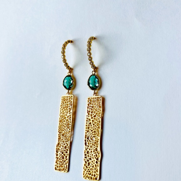 Gorgeous HANDMADE Gold Green Tourmaline Art Deco Earrings - Picture 3 of 4